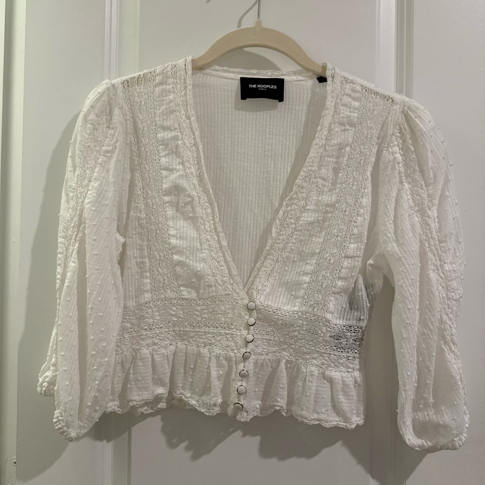 The Kooples White Lace-Trim V-Neck Peplum Blouse